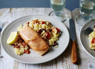 Baked Salmon With Chorizo Rice