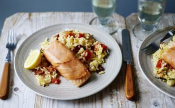 Baked Salmon With Chorizo Rice