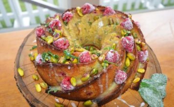 Raspberry And Rhubarb Drizzle Cake With Custard