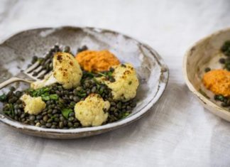 Roasted Cauliflower And Lentil Salad With Red Pepper Sauce